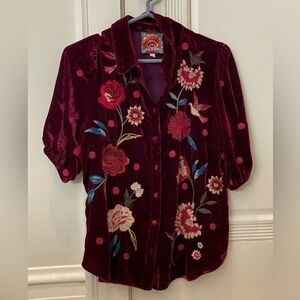 Johnny Was Burgundy Floral Embroidered Top